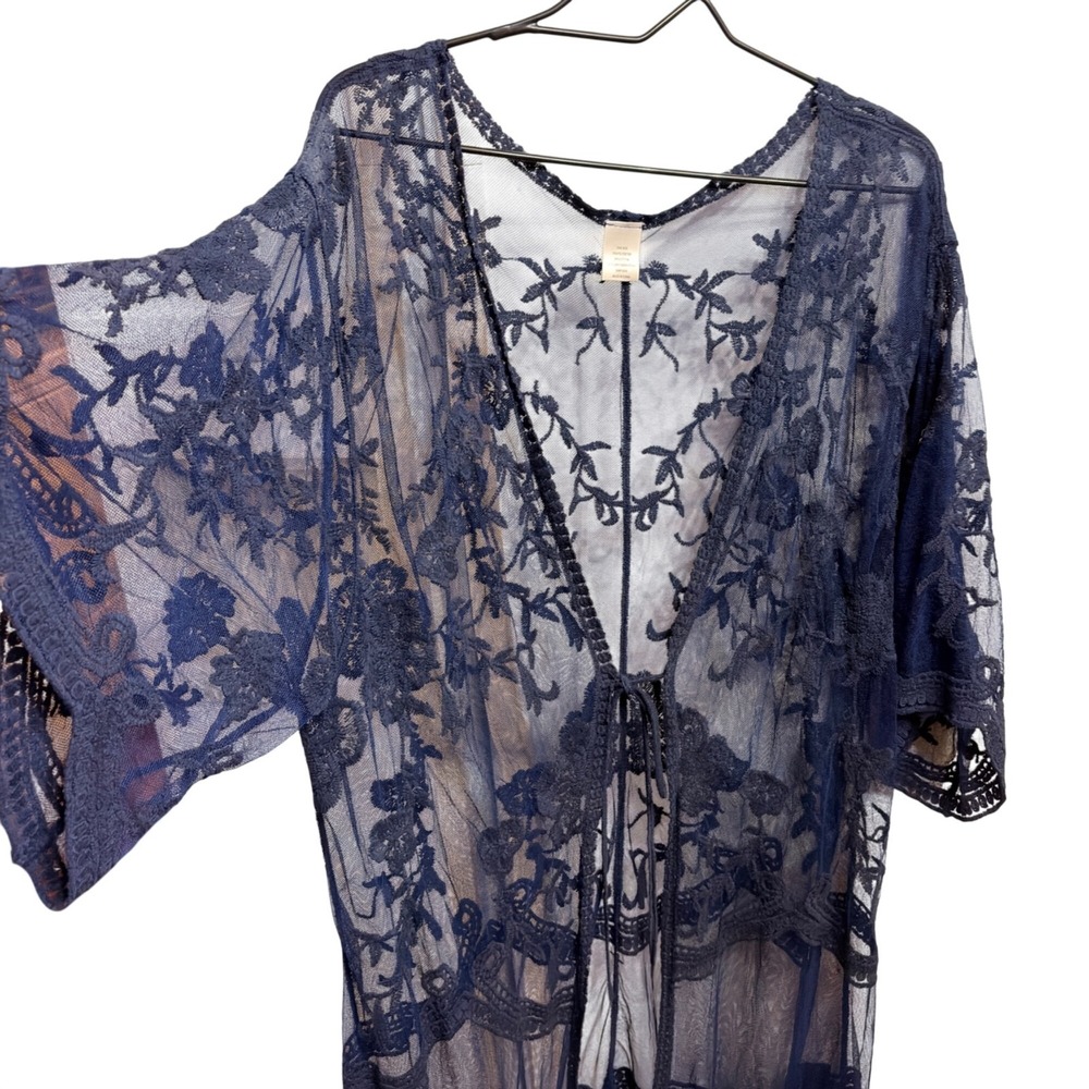 Sheer Navy Blue Lace Kimono Cardigan Floral Embroidery Tie Closure Boho Coquette
